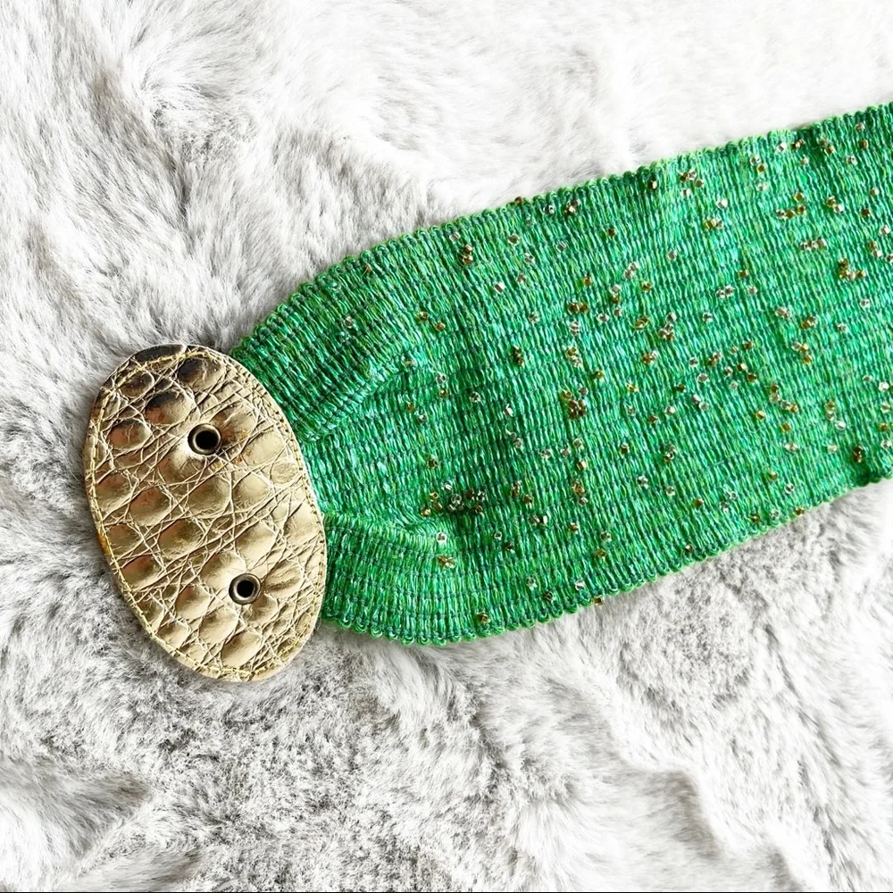 BORBONESE Vintage 1980s Green Stretchy Beaded Belt with Gold Tone Clasp
